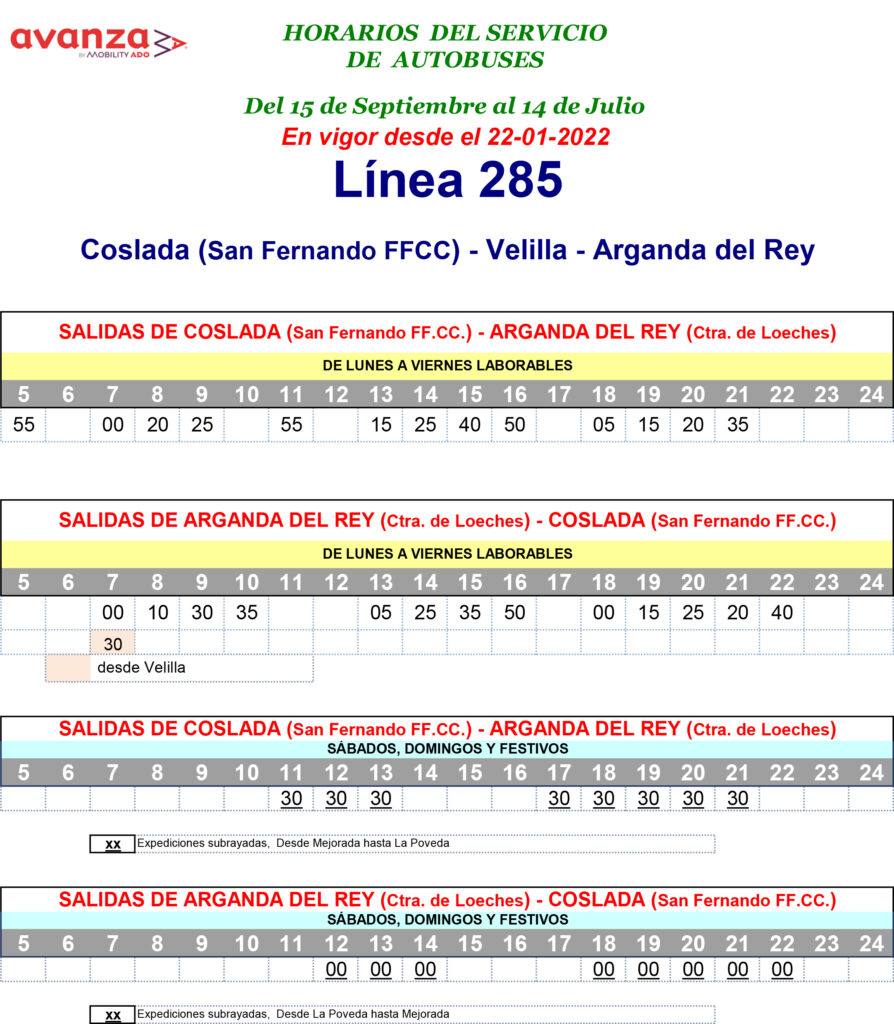 horario invierno 285 22 01 22